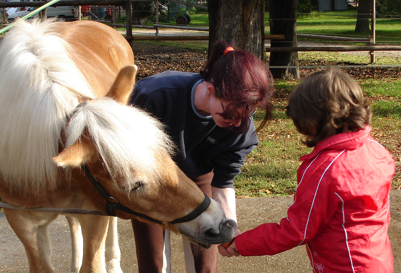 Kind mit Therapiepferd und Lehrerin